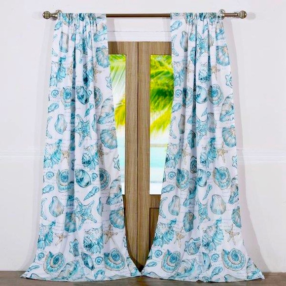 Teal Seashell coastal curtain panels, 2 pair (4 curtains total) - Picture 2 of 3